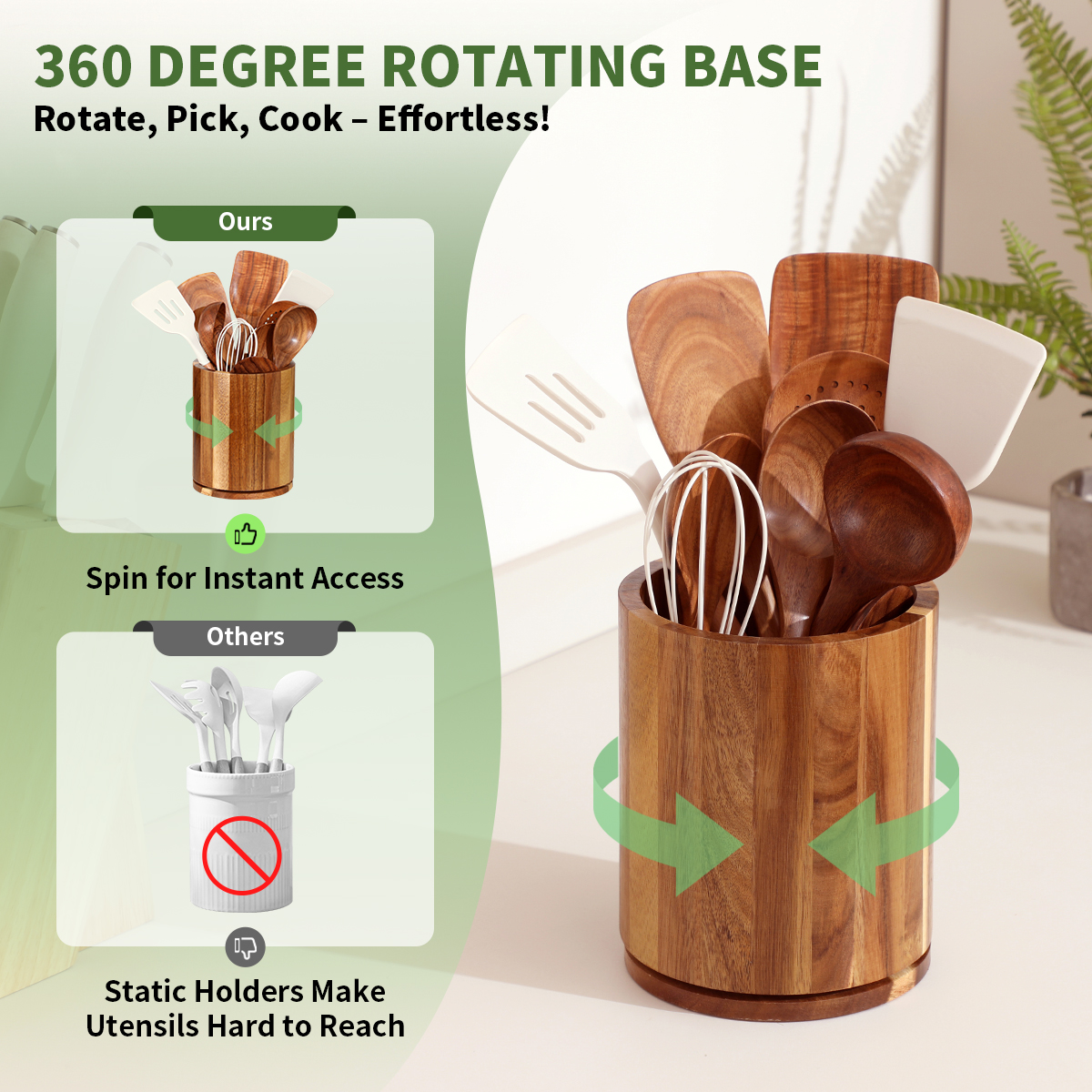 Acacia Wood Utensil Holder, 360°Rotating 7.3'' Large Utensil Holder for Kitchen Counter, Kitchen Utensil Organizer, Utensil Crock, Farmhouse Kitchens Countertop Decor - Image 3