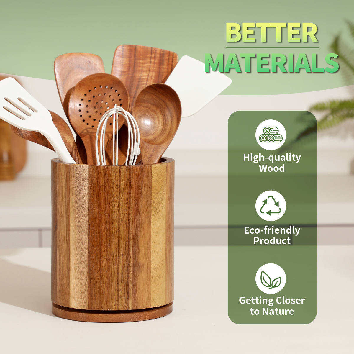 Acacia Wood Utensil Holder, 360°Rotating 7.3'' Large Utensil Holder for Kitchen Counter, Kitchen Utensil Organizer, Utensil Crock, Farmhouse Kitchens Countertop Decor - Image 4