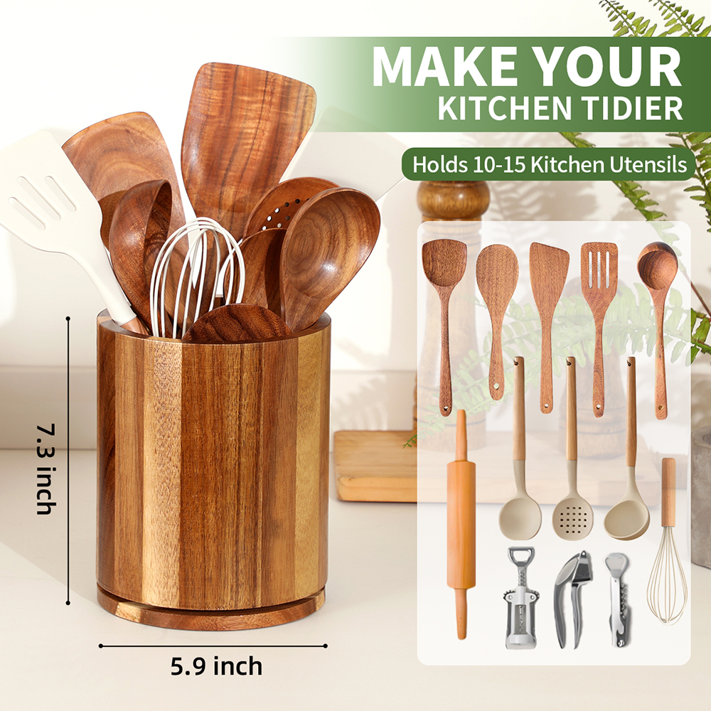 Acacia Wood Utensil Holder, 360°Rotating 7.3'' Large Utensil Holder for Kitchen Counter, Kitchen Utensil Organizer, Utensil Crock, Farmhouse Kitchens Countertop Decor - Image 5