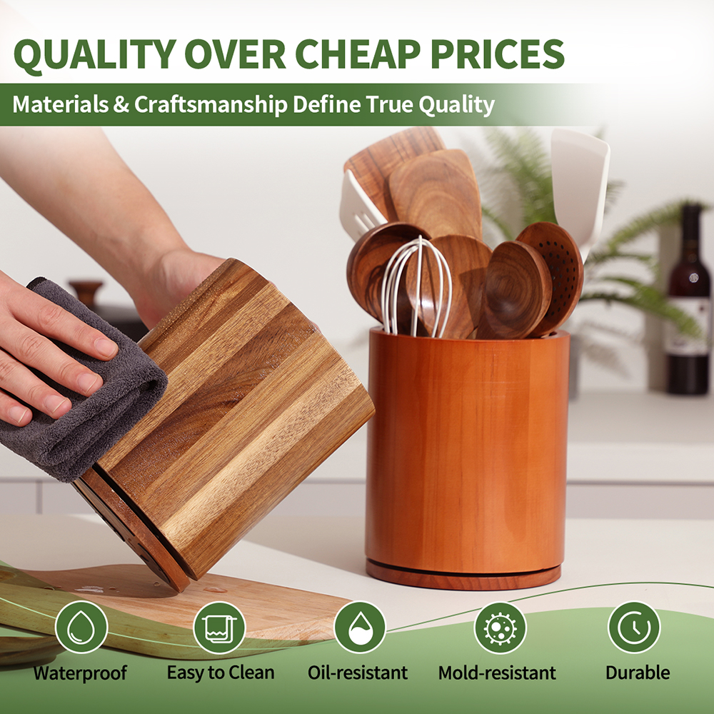 Acacia Wood Utensil Holder, 360°Rotating 7.3'' Large Utensil Holder for Kitchen Counter, Kitchen Utensil Organizer, Utensil Crock, Farmhouse Kitchens Countertop Decor - Image 7