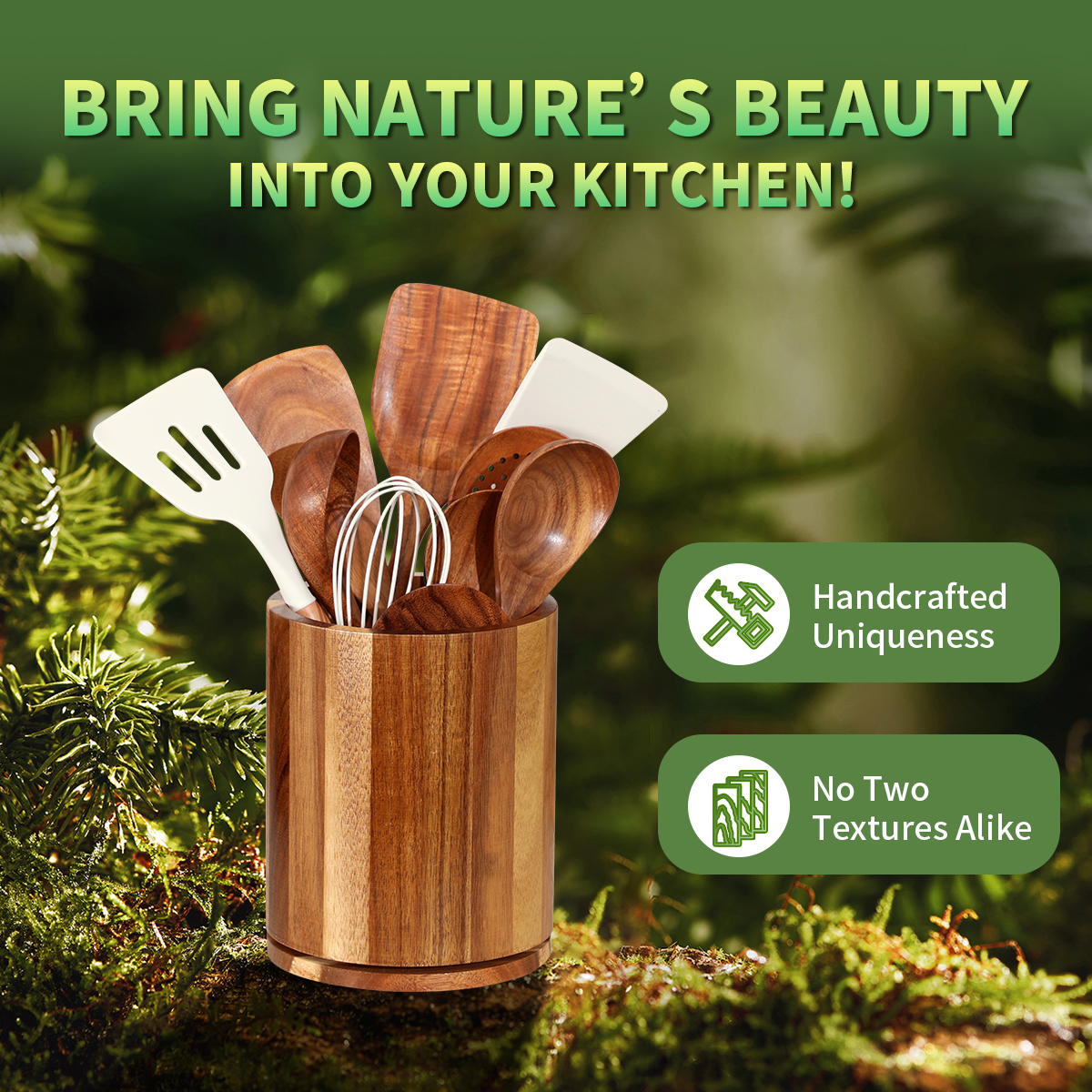 Acacia Wood Utensil Holder, 360°Rotating 7.3'' Large Utensil Holder for Kitchen Counter, Kitchen Utensil Organizer, Utensil Crock, Farmhouse Kitchens Countertop Decor - Image 6