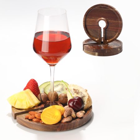 Mini Charcuterie Board with Wine Holder, Wine Glass Charcuterie Topper, Wine Gifts Accessories, Cheese Appetizer Plates for Wine Party Bars Restaurants, 7.1'' Set of 4, Acacia Wood