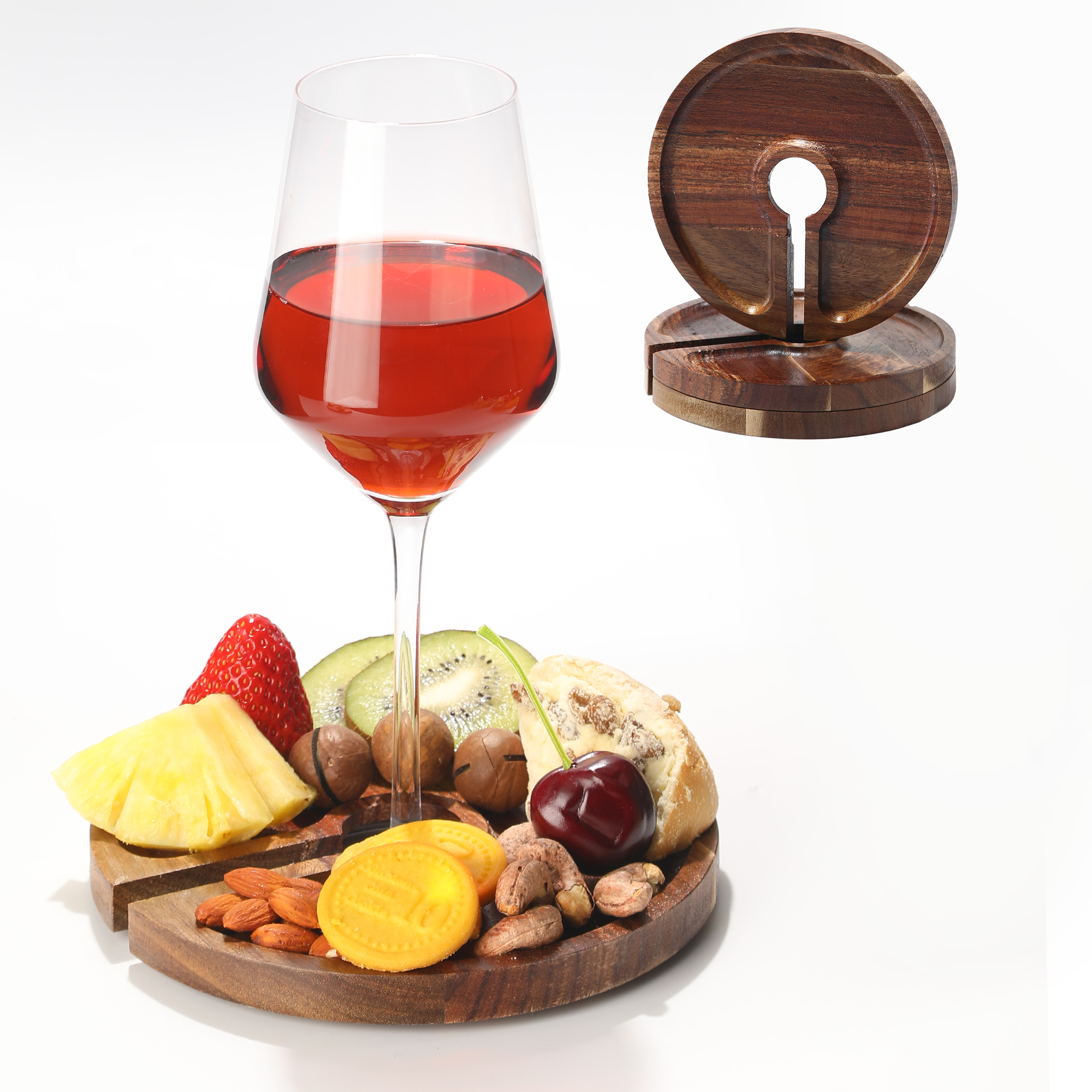 Mini Charcuterie Board with Wine Holder, Wine Glass Charcuterie Topper, Wine Gifts Accessories, Cheese Appetizer Plates for Wine Party Bars Restaurants, 7.1'' Set of 4, Acacia Wood