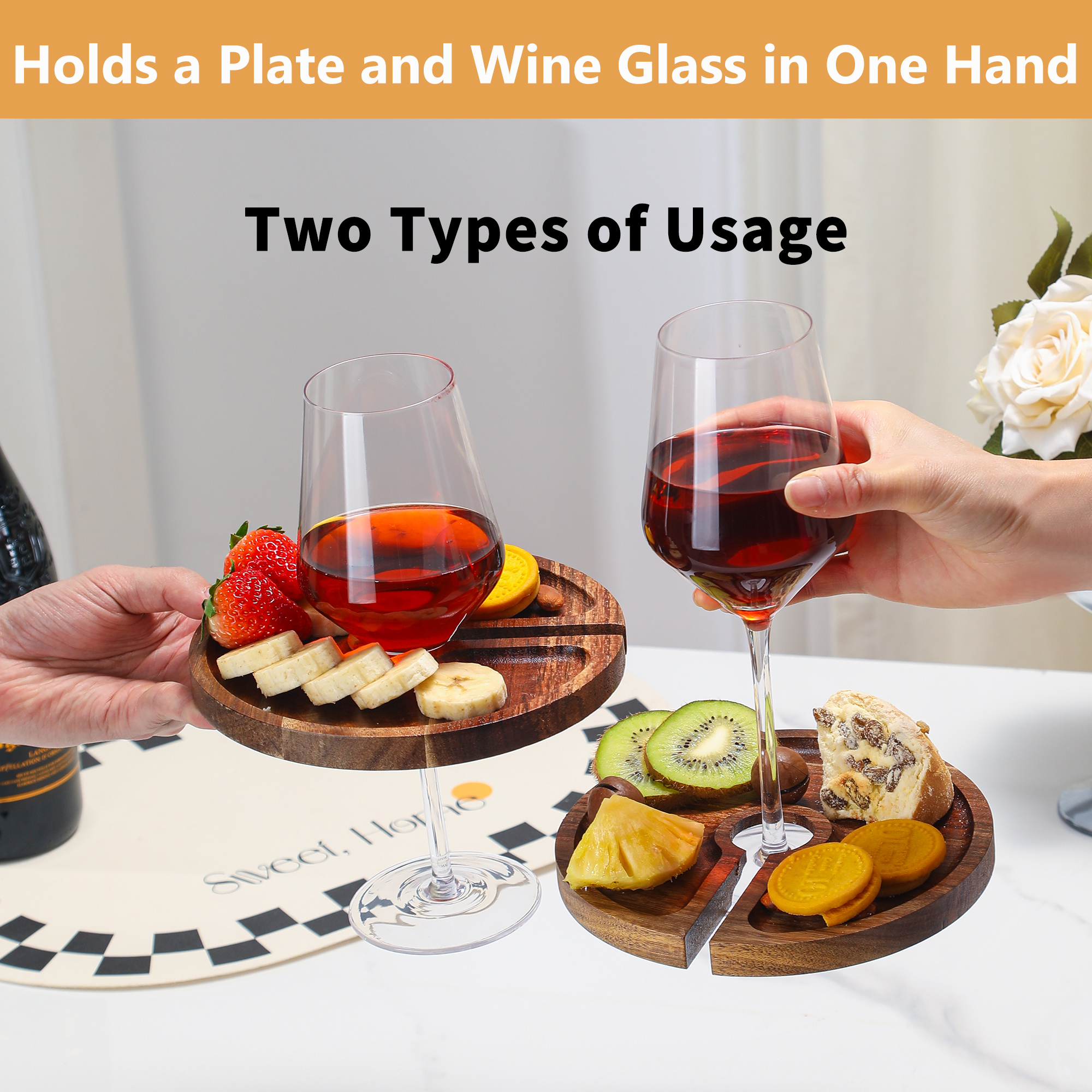 Mini Charcuterie Board with Wine Holder, Wine Glass Charcuterie Topper, Wine Gifts Accessories, Cheese Appetizer Plates for Wine Party Bars Restaurants, 7.1'' Set of 4, Acacia Wood - Image 3