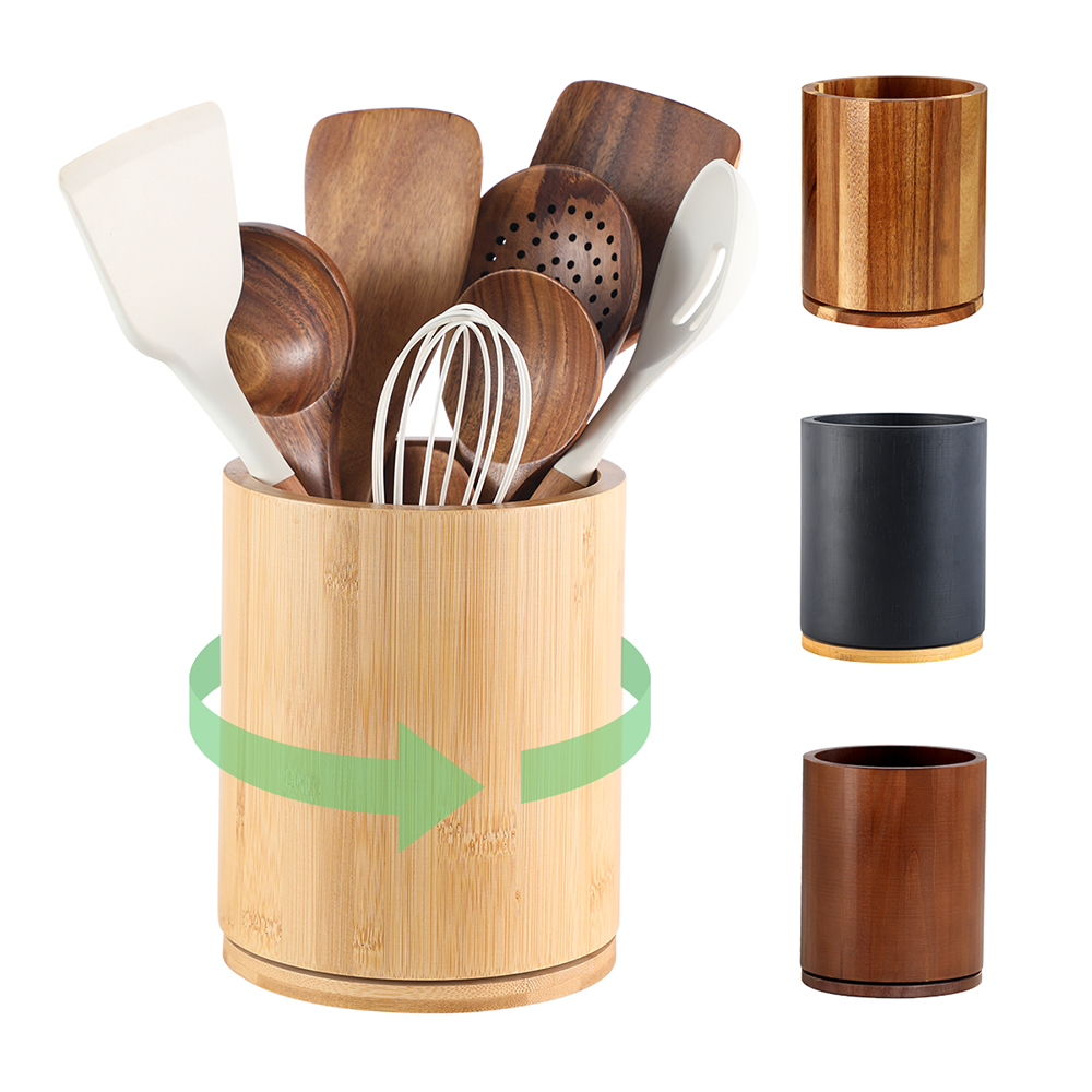 Bamboo Wooden Utensil Holder, 360°Rotating 7.3'' Large Utensil Holder for Kitchen Counter, Kitchen Utensil Organizer, Utensil Crock, Farmhouse Kitchens Countertop Decor, Bamboo Wood