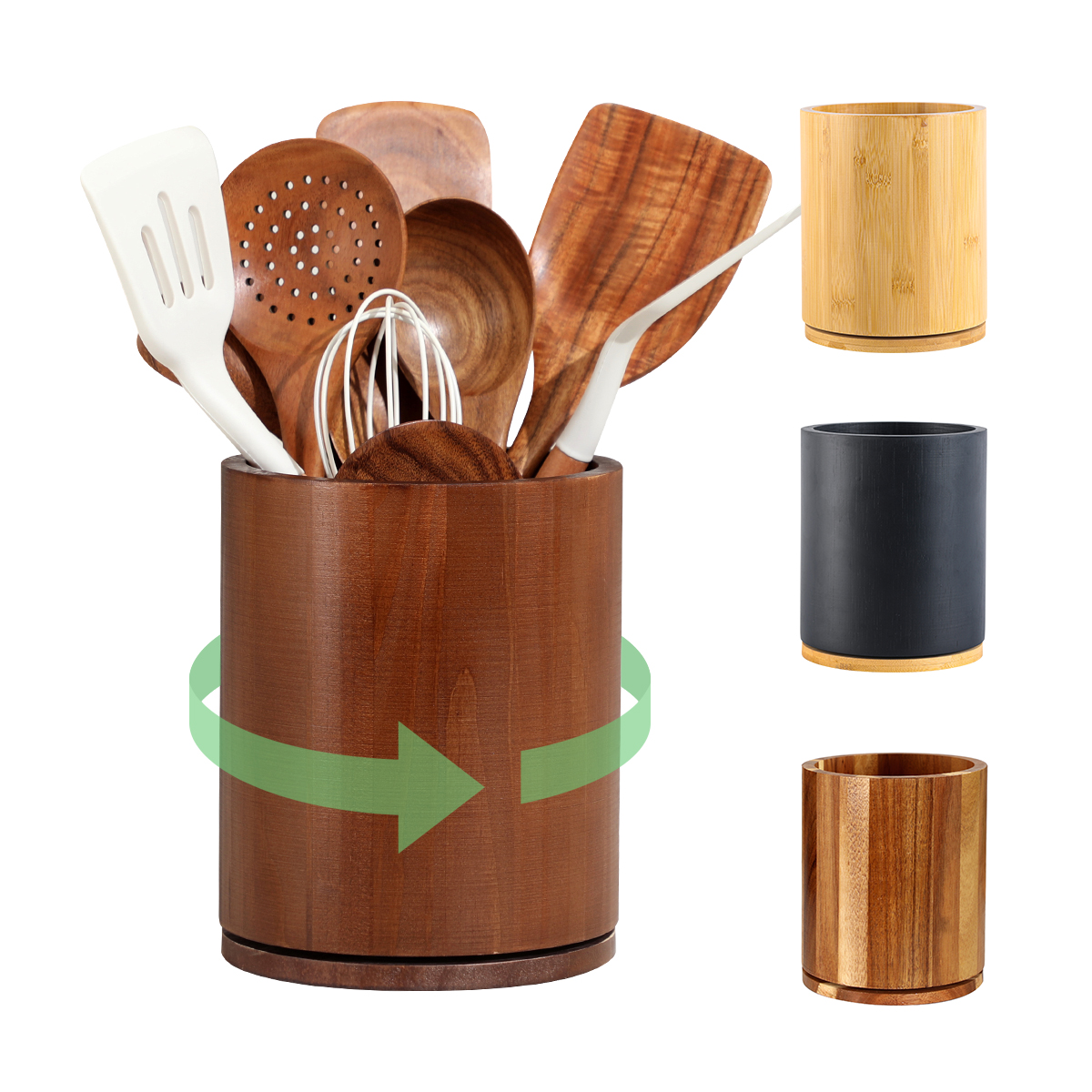 Walnut-finish Utensil Holder, 360°Rotating 7.3'' Large Utensil Holder for Kitchen Counter, Kitchen Utensil Organizer, Utensil Crock, Farmhouse Kitchens Countertop Decor, Walnut-finish