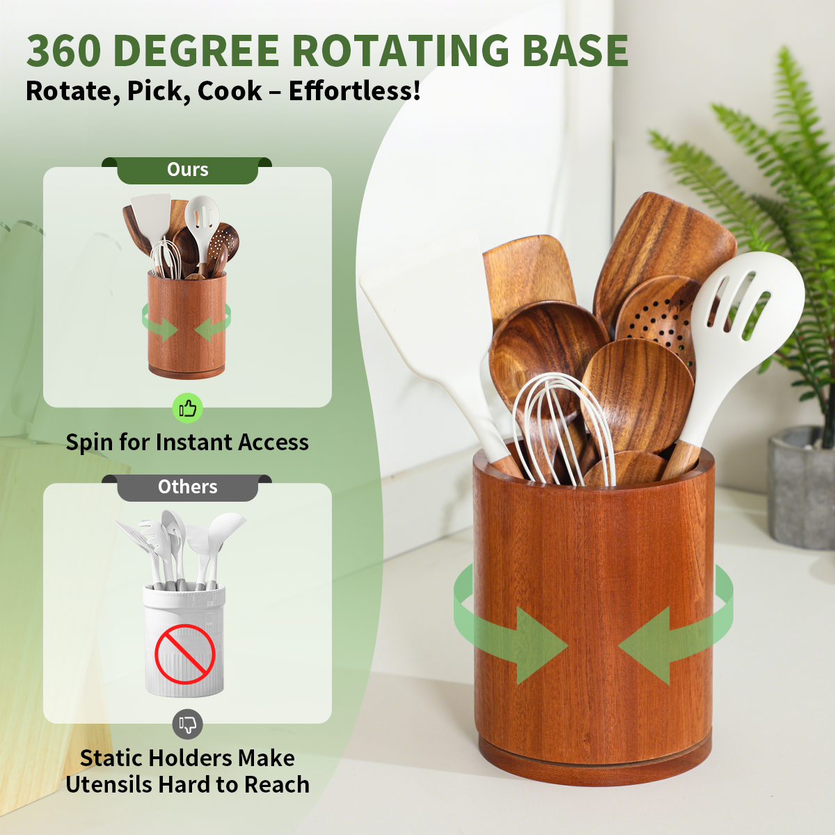 Sapele Utensil Holder, 360°Rotating 7.3'' Large Utensil Holder for Kitchen Counter, Kitchen Utensil Organizer, Utensil Crock, Farmhouse Kitchens Countertop Decor, Sapele Wood - Image 6