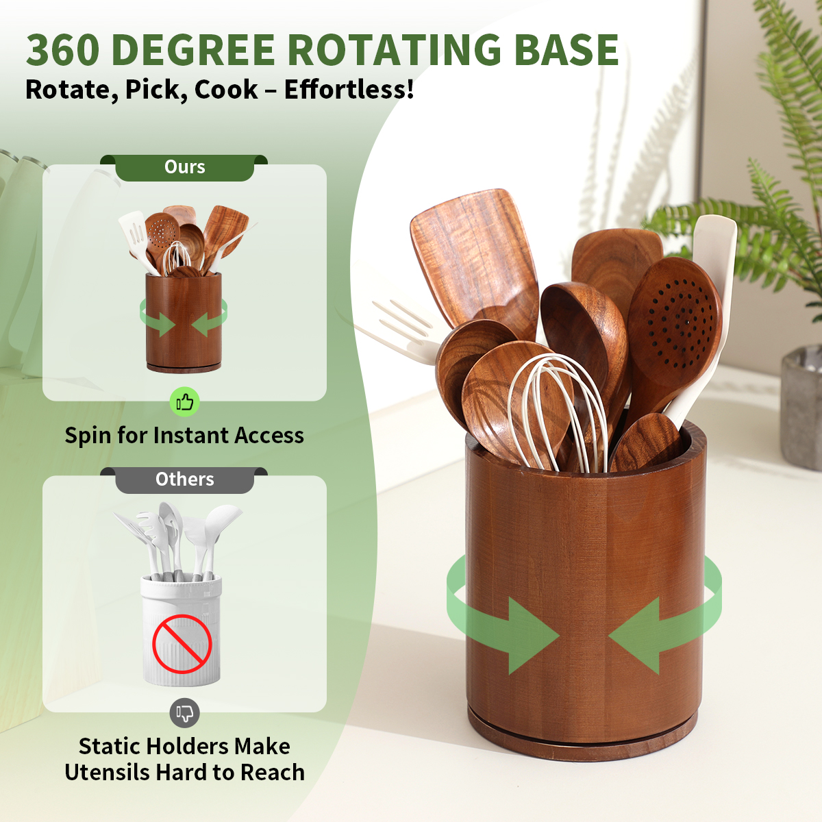Walnut-finish Utensil Holder, 360°Rotating 7.3'' Large Utensil Holder for Kitchen Counter, Kitchen Utensil Organizer, Utensil Crock, Farmhouse Kitchens Countertop Decor, Walnut-finish - Image 3
