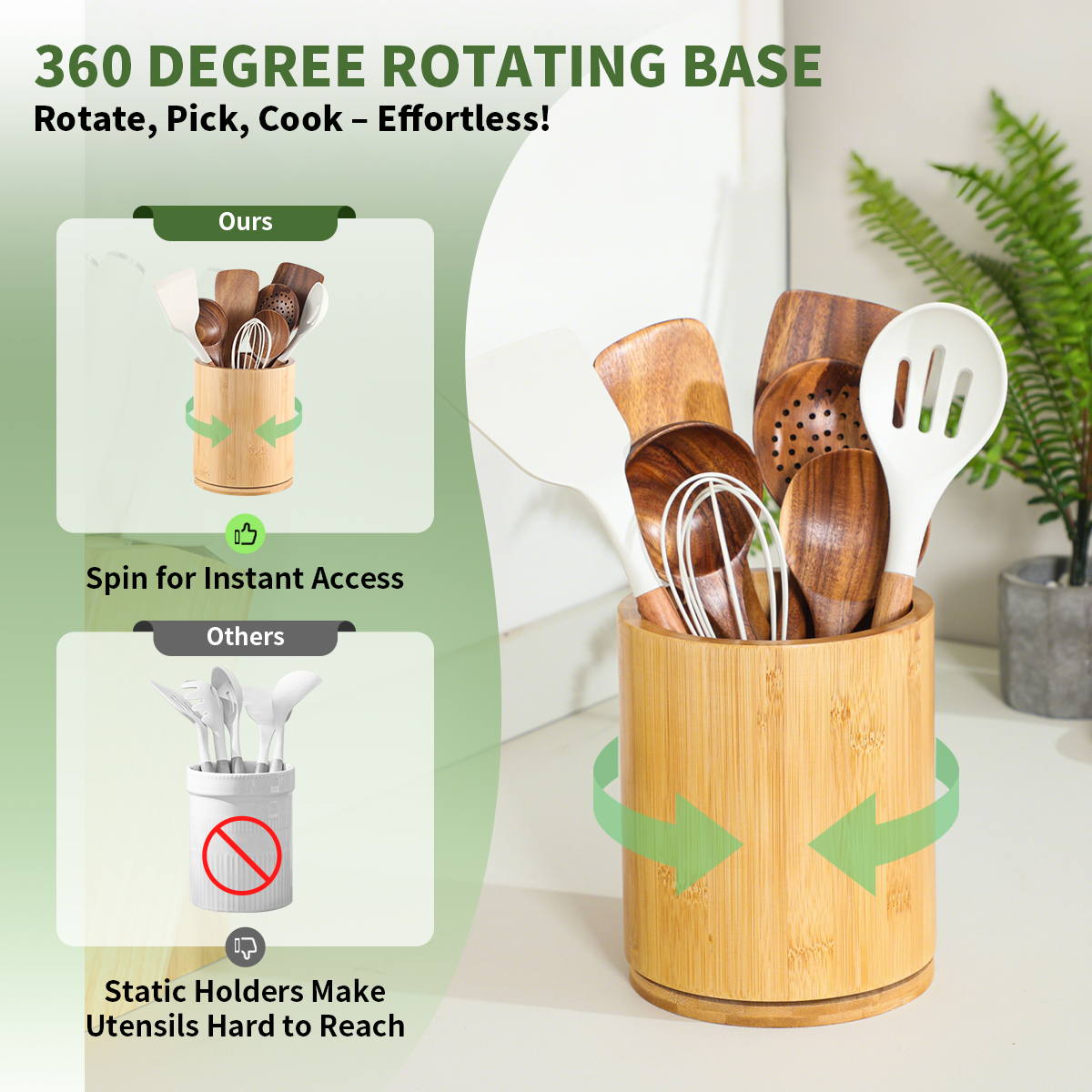 Bamboo Wooden Utensil Holder, 360°Rotating 7.3'' Large Utensil Holder for Kitchen Counter, Kitchen Utensil Organizer, Utensil Crock, Farmhouse Kitchens Countertop Decor, Bamboo Wood - Image 3