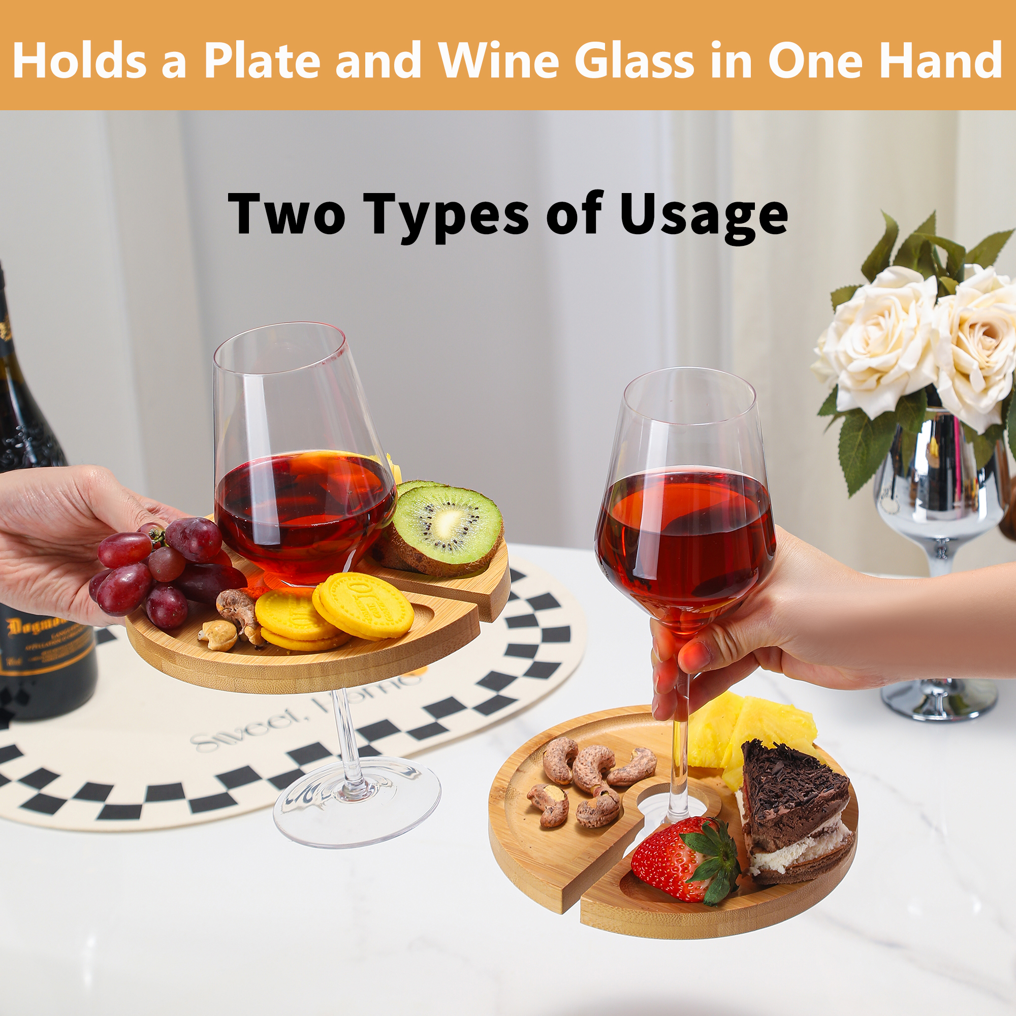Mini Charcuterie Board with Wine Holder, Wine Glass Charcuterie Topper, Wine Gifts Accessories, Cheese Appetizer Plates for Wine Party Family Gatherings Bars Restaurants, 7.1'' Set of 4 - Image 3