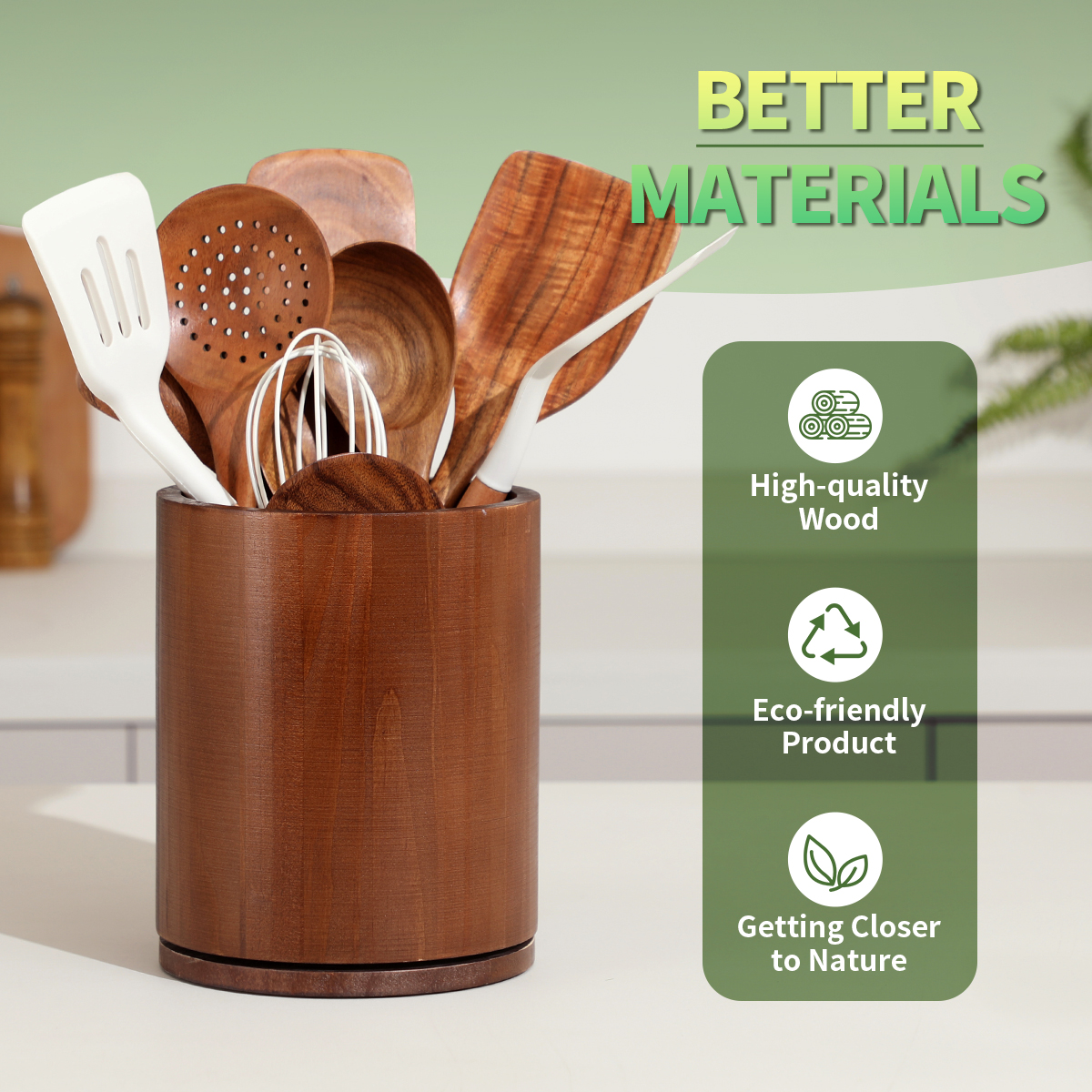 Walnut-finish Utensil Holder, 360°Rotating 7.3'' Large Utensil Holder for Kitchen Counter, Kitchen Utensil Organizer, Utensil Crock, Farmhouse Kitchens Countertop Decor, Walnut-finish - Image 4