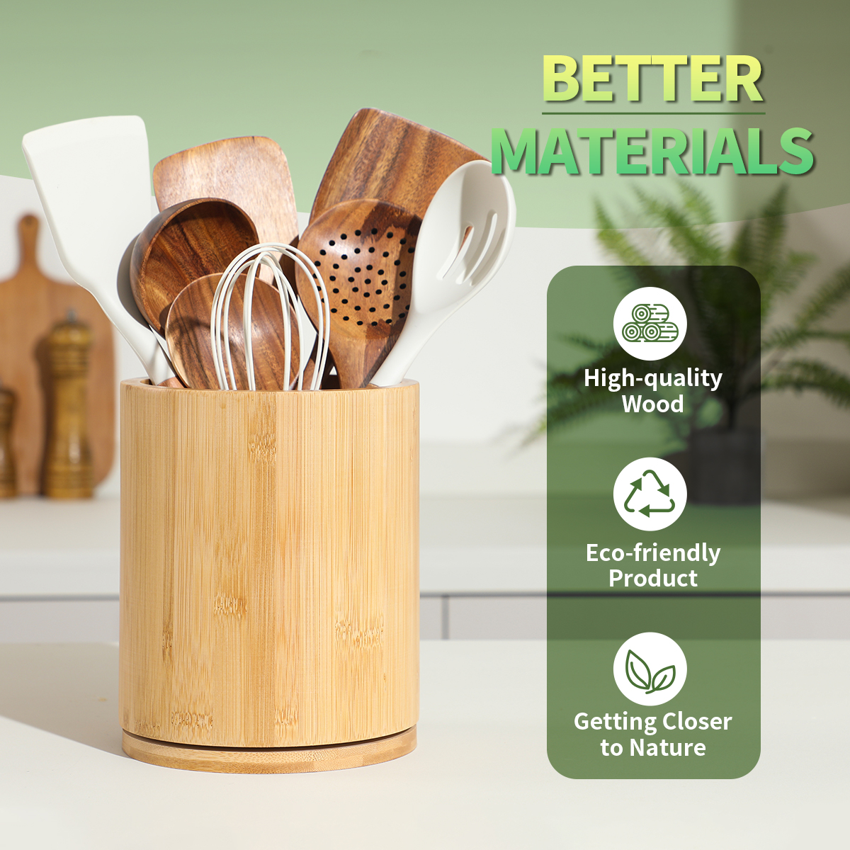 Bamboo Wooden Utensil Holder, 360°Rotating 7.3'' Large Utensil Holder for Kitchen Counter, Kitchen Utensil Organizer, Utensil Crock, Farmhouse Kitchens Countertop Decor, Bamboo Wood - Image 4