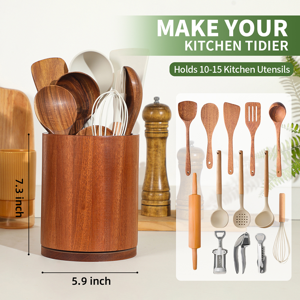Sapele Utensil Holder, 360°Rotating 7.3'' Large Utensil Holder for Kitchen Counter, Kitchen Utensil Organizer, Utensil Crock, Farmhouse Kitchens Countertop Decor, Sapele Wood - Image 4