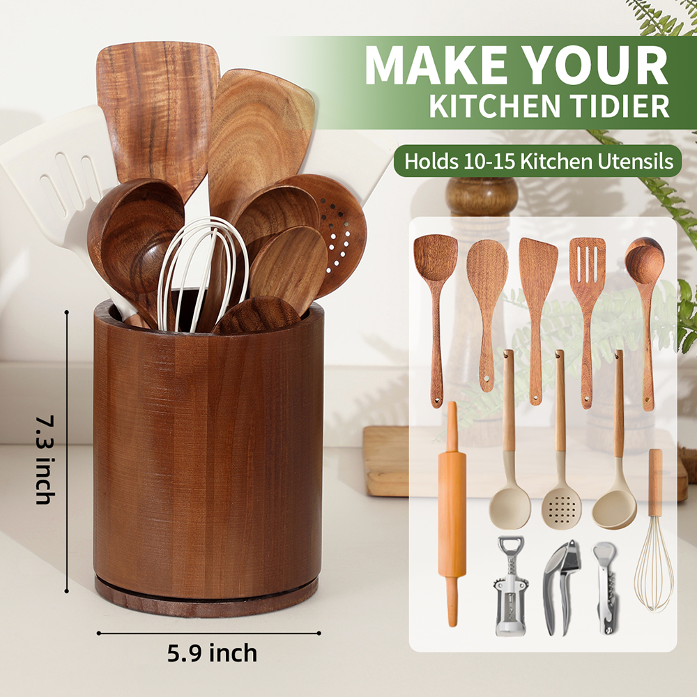 Walnut-finish Utensil Holder, 360°Rotating 7.3'' Large Utensil Holder for Kitchen Counter, Kitchen Utensil Organizer, Utensil Crock, Farmhouse Kitchens Countertop Decor, Walnut-finish - Image 5