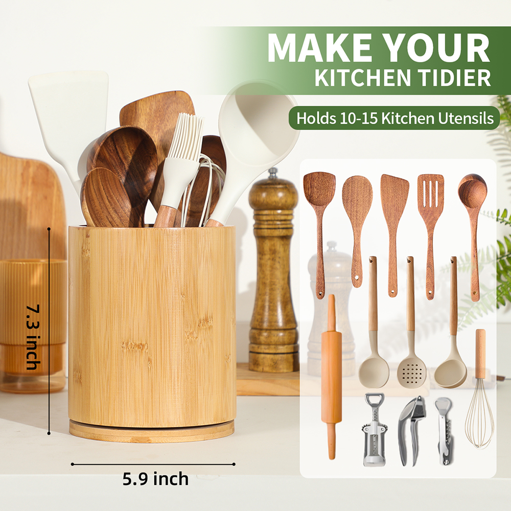 Bamboo Wooden Utensil Holder, 360°Rotating 7.3'' Large Utensil Holder for Kitchen Counter, Kitchen Utensil Organizer, Utensil Crock, Farmhouse Kitchens Countertop Decor, Bamboo Wood - Image 5