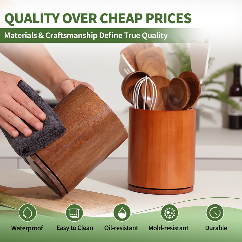Walnut-finish Utensil Holder, 360°Rotating 7.3'' Large Utensil Holder for Kitchen Counter, Kitchen Utensil Organizer, Utensil Crock, Farmhouse Kitchens Countertop Decor, Walnut-finish - Image 6