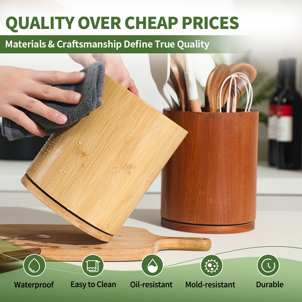 Bamboo Wooden Utensil Holder, 360°Rotating 7.3'' Large Utensil Holder for Kitchen Counter, Kitchen Utensil Organizer, Utensil Crock, Farmhouse Kitchens Countertop Decor, Bamboo Wood - Image 6