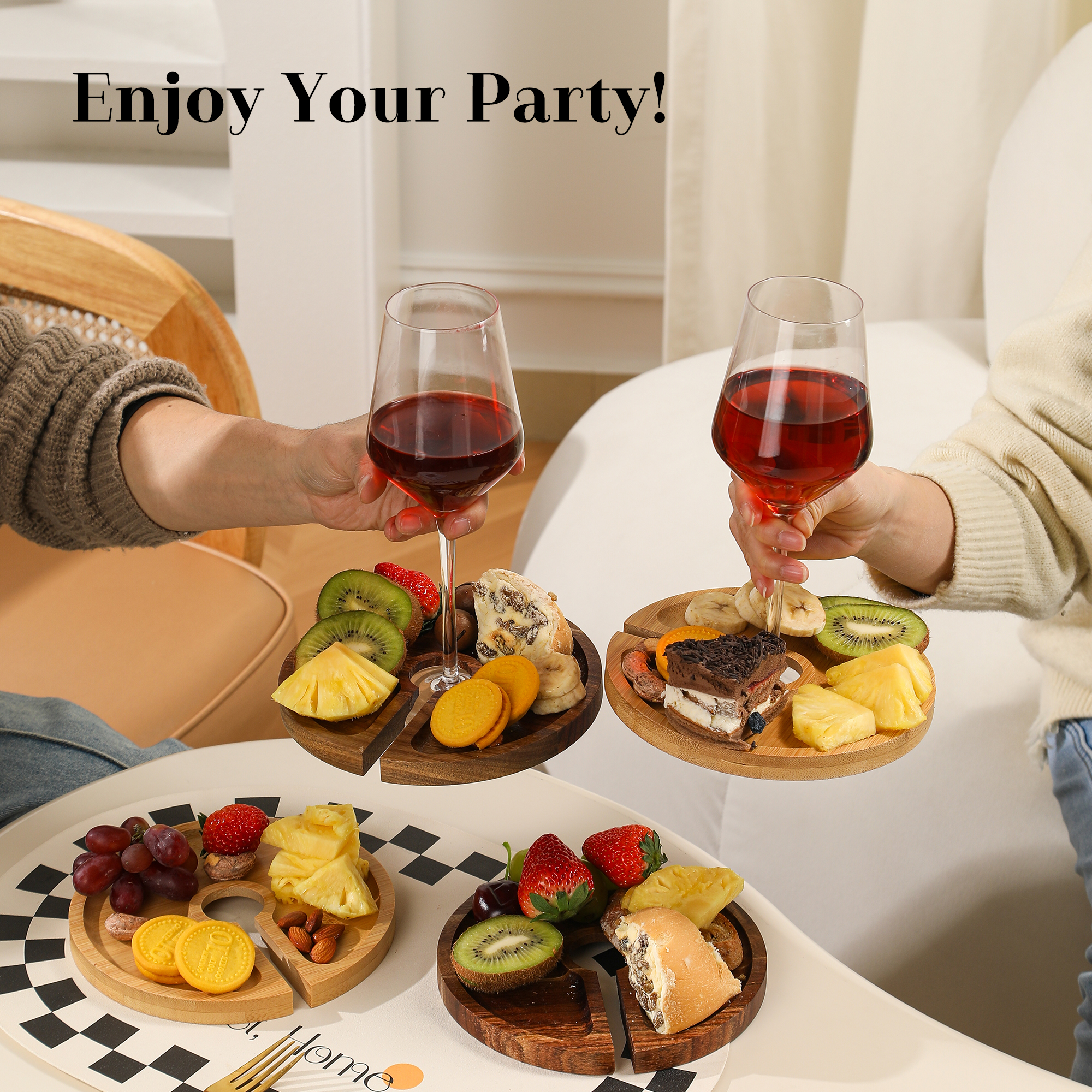 Mini Charcuterie Board with Wine Holder, Wine Glass Charcuterie Topper, Wine Gifts Accessories, Cheese Appetizer Plates for Wine Party Family Gatherings Bars Restaurants, 7.1'' Set of 4 - Image 6