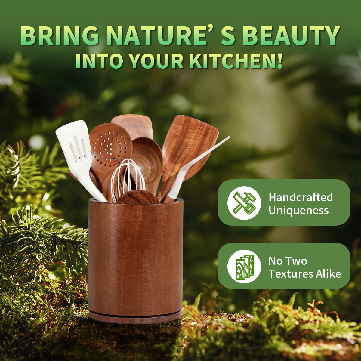 Walnut-finish Utensil Holder, 360°Rotating 7.3'' Large Utensil Holder for Kitchen Counter, Kitchen Utensil Organizer, Utensil Crock, Farmhouse Kitchens Countertop Decor, Walnut-finish - Image 7