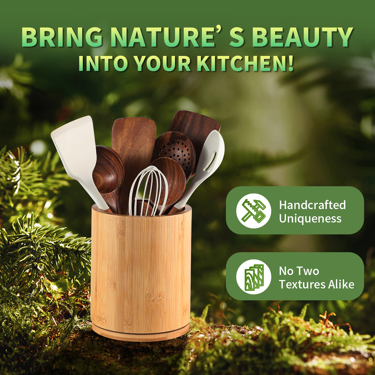 Bamboo Wooden Utensil Holder, 360°Rotating 7.3'' Large Utensil Holder for Kitchen Counter, Kitchen Utensil Organizer, Utensil Crock, Farmhouse Kitchens Countertop Decor, Bamboo Wood - Image 7