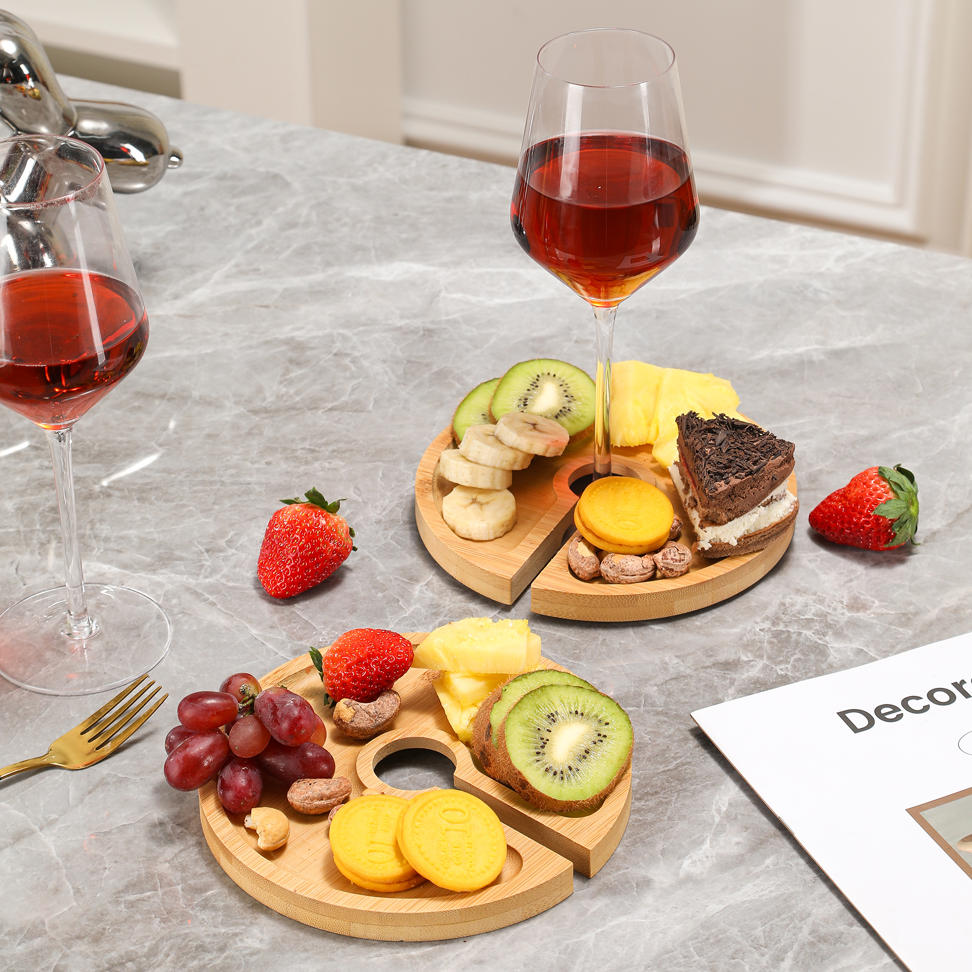Mini Charcuterie Board with Wine Holder, Wine Glass Charcuterie Topper, Wine Gifts Accessories, Cheese Appetizer Plates for Wine Party Family Gatherings Bars Restaurants, 7.1'' Set of 4 - Image 7