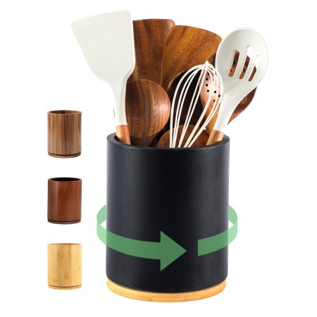 Black Utensil Holder, 360°Rotating 7.3'' Large Utensil Holder for Kitchen Counter, Kitchen Utensil Organizer, Utensil Crock, Farmhouse Kitchens Countertop Decor, Black Color