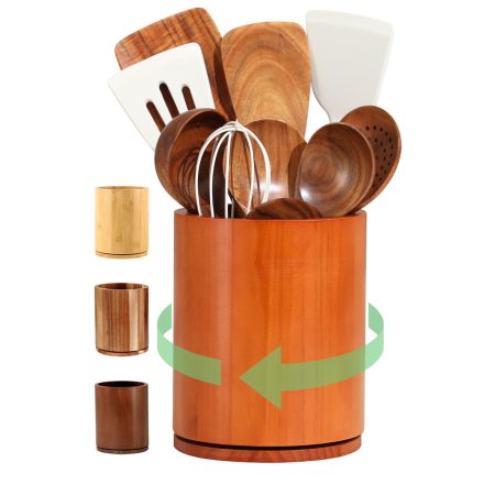 gorsent Wooden Utensil Holder, 360°Rotating 7.3'' Large Utensil Holder for Kitchen Counter, Kitchen Utensil Organizer, Utensil Crock, Farmhouse Kitchens Countertop Decor, Cherry